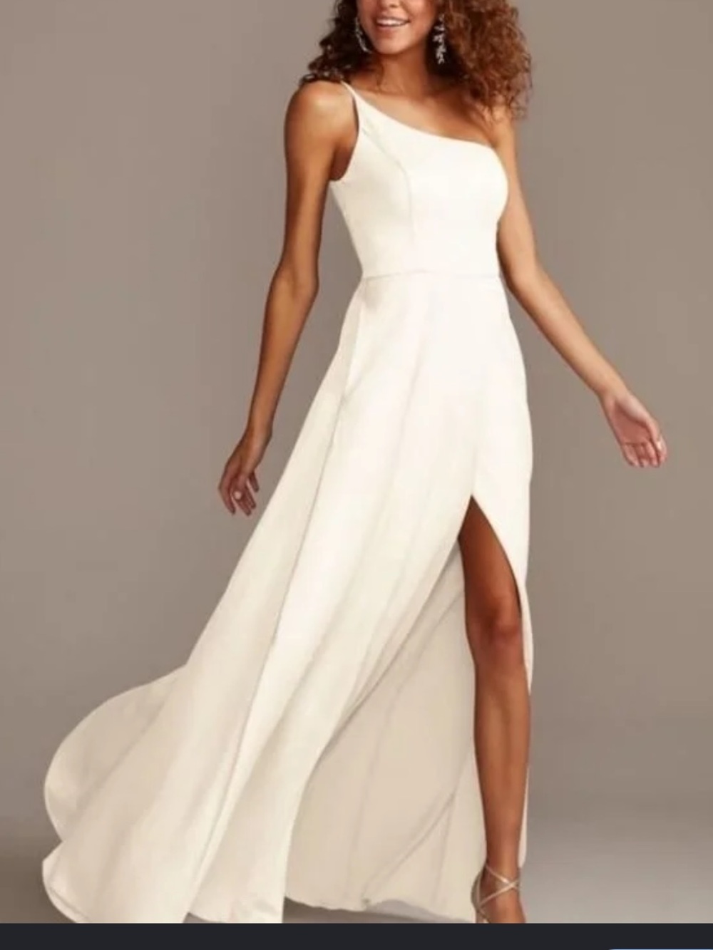 After Six One-Shoulder White Evening Gown with Thigh Slit